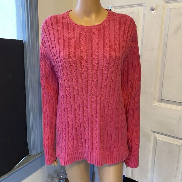 L.L. Bean Sweaters - L.L.Bean Pink Crewneck Cable Knit Thick Long Sleeve Sweater Cotton Women…